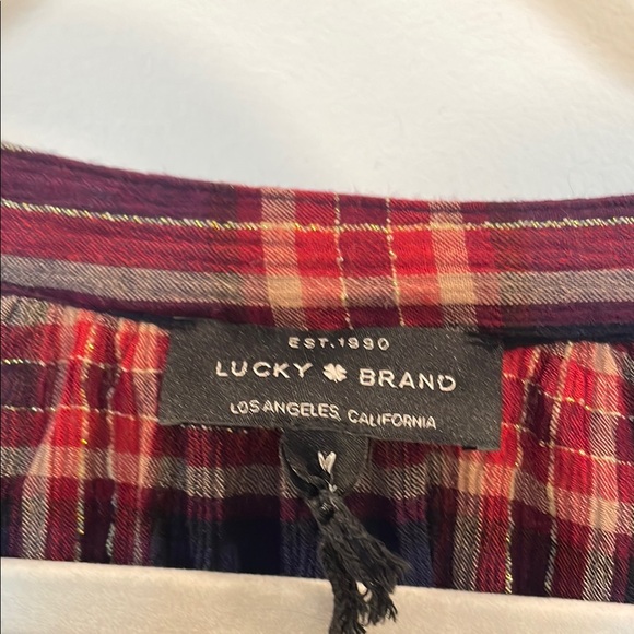Lucky Brand Red and Navy Plaid V-neck with Tassels, Women’s Medium - Picture 7 of 8